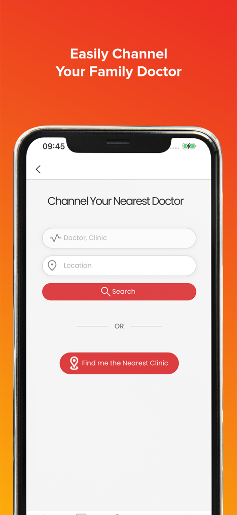 Mobile app interface showing search fields to find a doctor or clinic by name and location