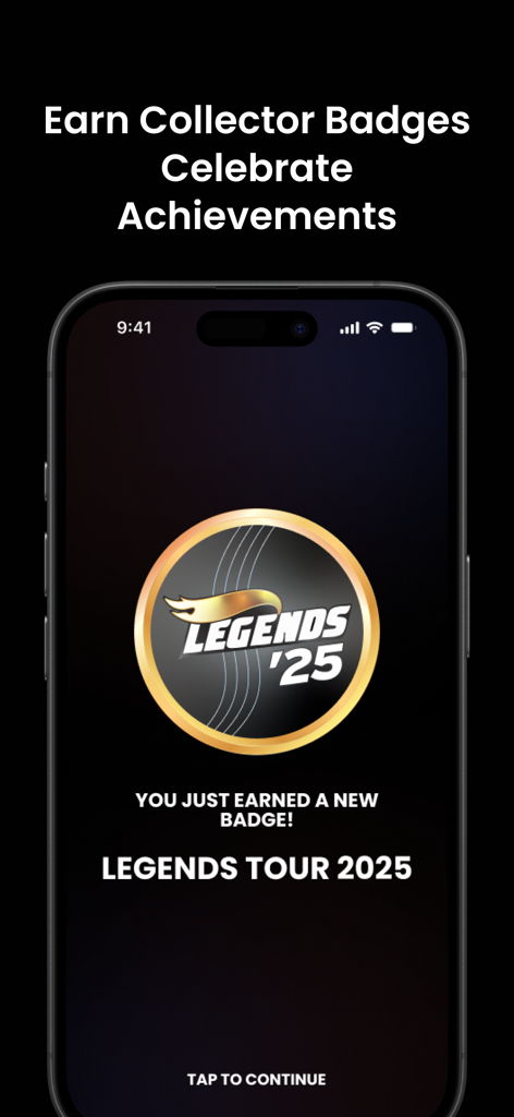 A digital collector badge for the Legends Tour 2025 achievement in the Hot Wheels Showcase app