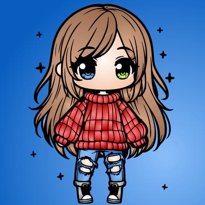 chibi girl with ripped jeans,long hair, and an oversized sweater