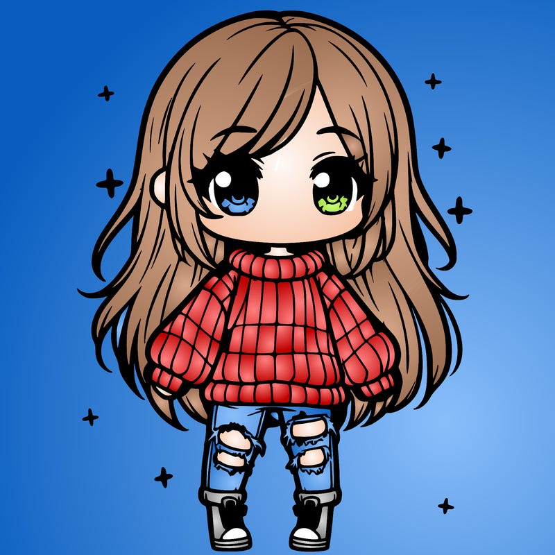 chibi girl with ripped jeans,long hair, and an oversized sweater