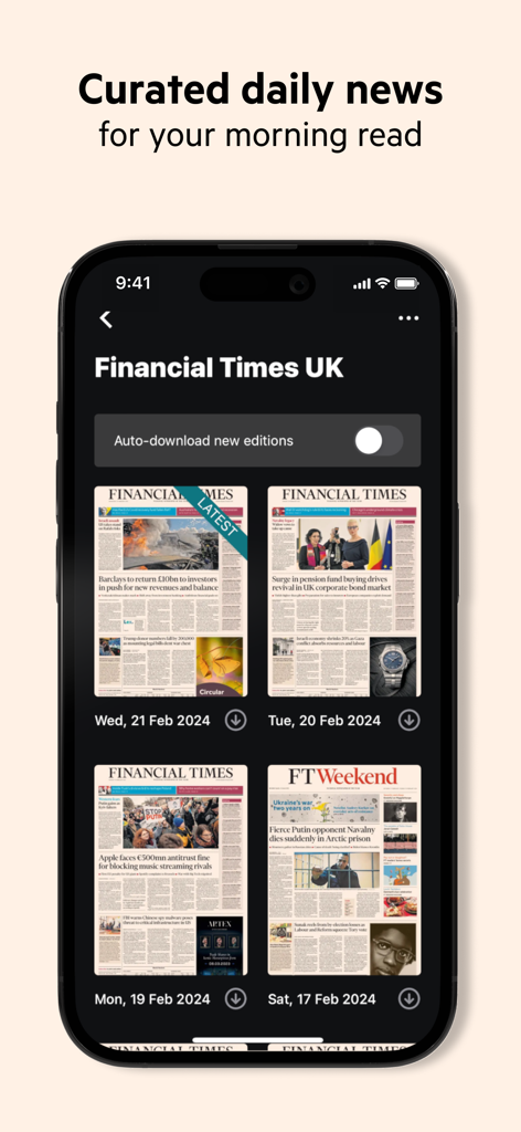 Mobile app interface showing curated daily editions of the Financial Times newspaper