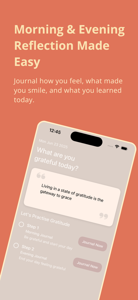 Gratitude Journal - Reflect - 朝と夕方の感謝のジャーナルプロンプトを示すReflectアプリの画面
