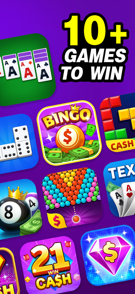 A selection of over ten skill-based games in the Arena for Cash app including Bingo Solitaire and Pool