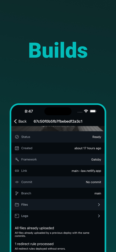 Dashify for Netlify.com - Dashify アプリ画面に Gatsby サイトの Netlify ビルドステータスとデプロイメント詳細が表示されています。