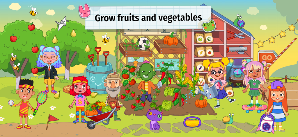 Pepi School: Fun Kid Games - Inclusive cartoon characters gardening and harvesting vegetables in the Pepi School nature zone