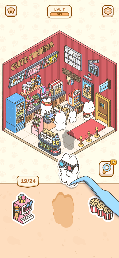 My Sticker Room - Decor Game - Capture d'écran de gameplay de My Sticker Room montrant un joli cinéma en cours de décoration avec des stickers d'animaux kawaii