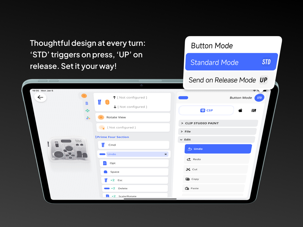 TourBox Console - Interface de l'application TourBox Console sur iPad montrant les paramètres de personnalisation des boutons avec les modes Standard et Envoi au relâchement