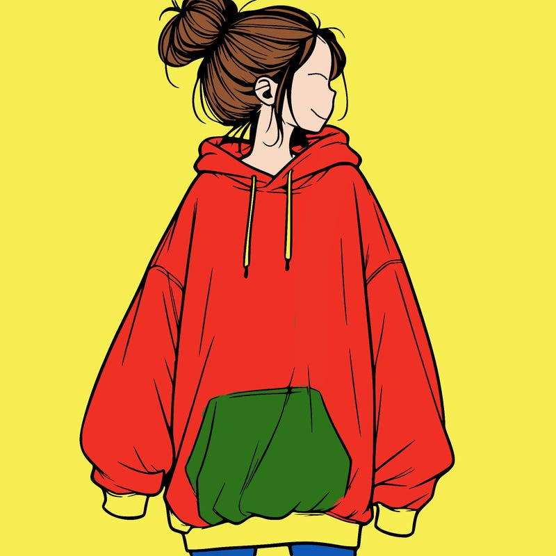 realistic girl with a oversized sweatshirt on and a bun