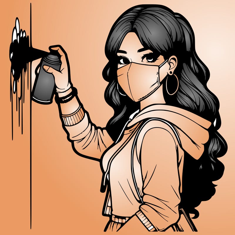 realistic girl with mask spray painting a wall