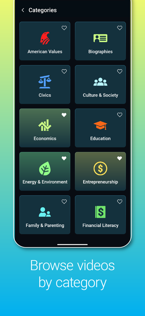 PragerU - A mobile screen showing PragerU video categories like American Values, Civics, and Economics.