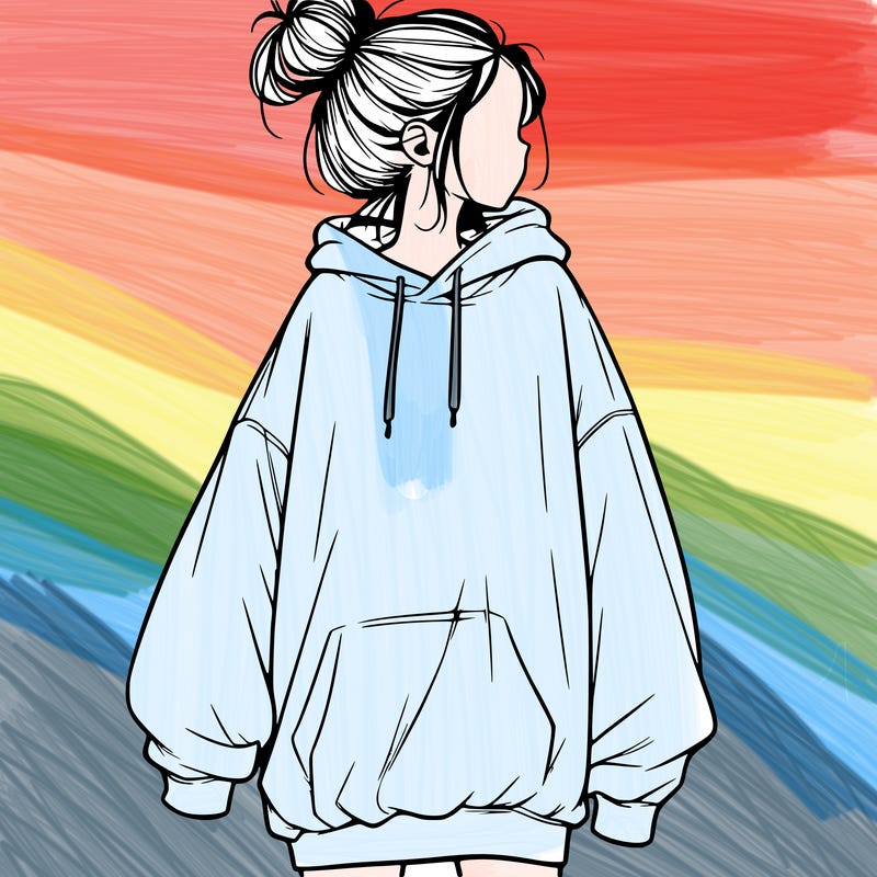 realistic girl with a oversized sweatshirt on and a bun
