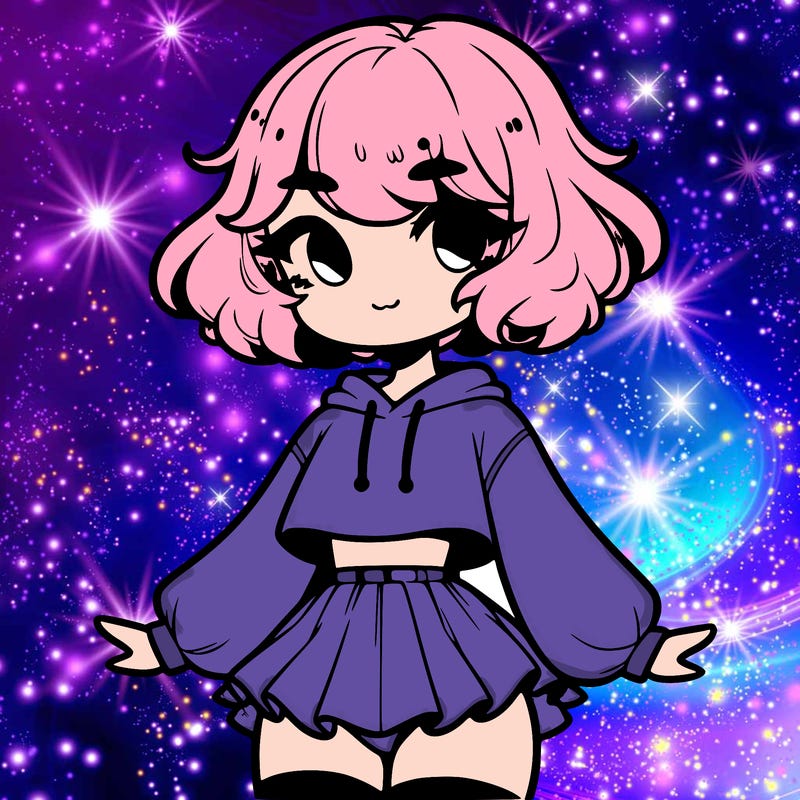 cute femboy with short, fluffy hair that softly frames their face, wearing a cropped hoodie, paired with a flouncy short skirt, and thigh-high stockings