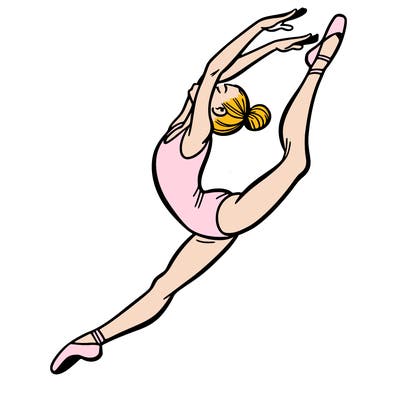 gymnast doing a leap in a leotard with a bent back leg