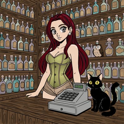 a coloring page with blank white spaces of a girl with long hair, no bangs, she has a septum piercing and 00g ear piercings. she wears a corset and shorts. girl is in a potion shop filled with bottles of magical potions filling the shelves. in front of her is a check out stand made of wood and a cash register but no one else is present. the feeling of the coloring page is magic, mystic, mysterious, witchy. highly detailed