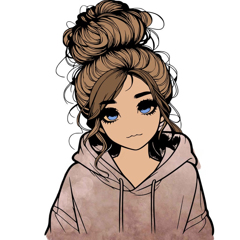 realistic girl with a massy bun and a hoodie