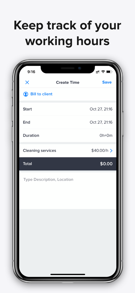 Swift Invoice mobile app screen showing the time tracking feature for billing cleaning services