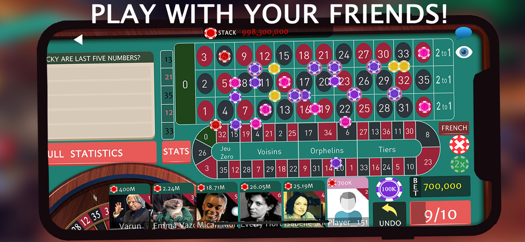 Roulette Royale - Grand Casino - A multiplayer roulette game interface showing player profiles, a betting table with chips, and detailed game statistics.