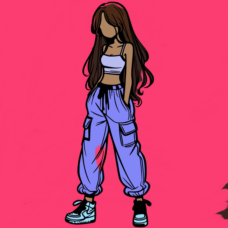 girl in baggy pants crop top and long hair