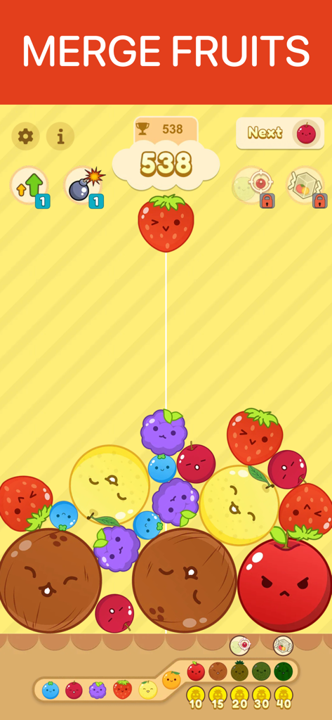 Offline Games no wifi internet - Pantalla de juego de un colorido puzzle de fusión de frutas con lindos personajes de frutas animados.