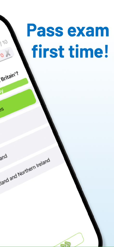 Life in UK: Exam 2026 - Life in the UK exam prep app interface with practice test questions