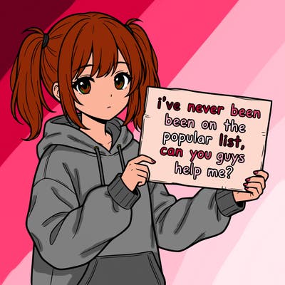 a cute anime girl with a sign saying  i’ve never been on the popular list, can you guys help me?