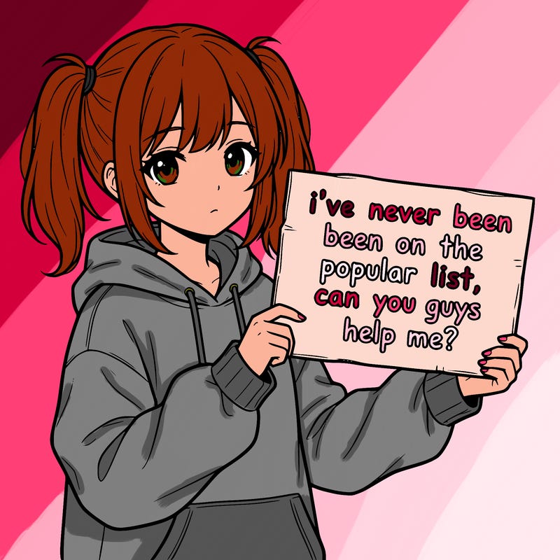 a cute anime girl with a sign saying  i’ve never been on the popular list, can you guys help me?
