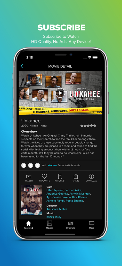 Mobile screen showing movie details and description for the Hindi thriller Unkahee on the Eros Now app.