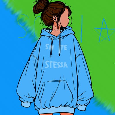 realistic girl with a oversized sweatshirt on and a bun
