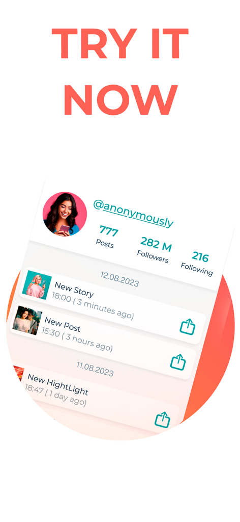 App interface showing anonymous story and post notifications for a social media profile