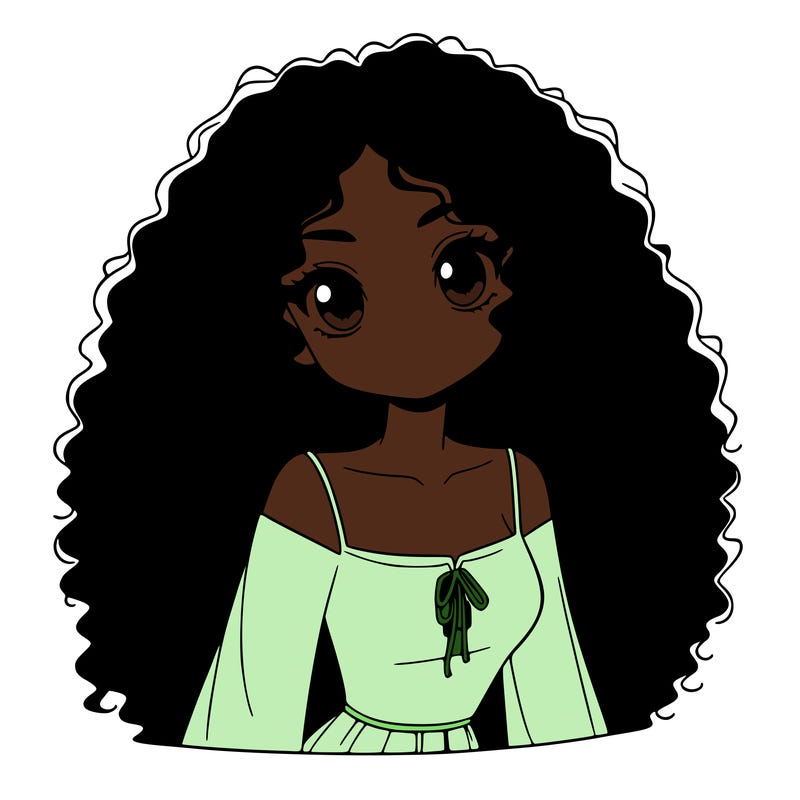 a black anime girl with long afro hair