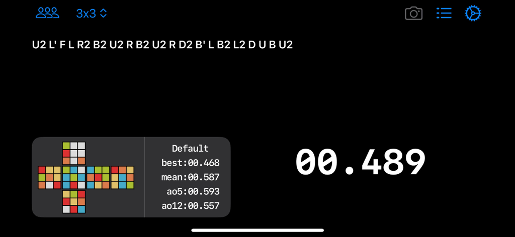 ccTimer - Camera Cube Timer - ccTimer app interface showing a 3x3 cube scramble and solve statistics