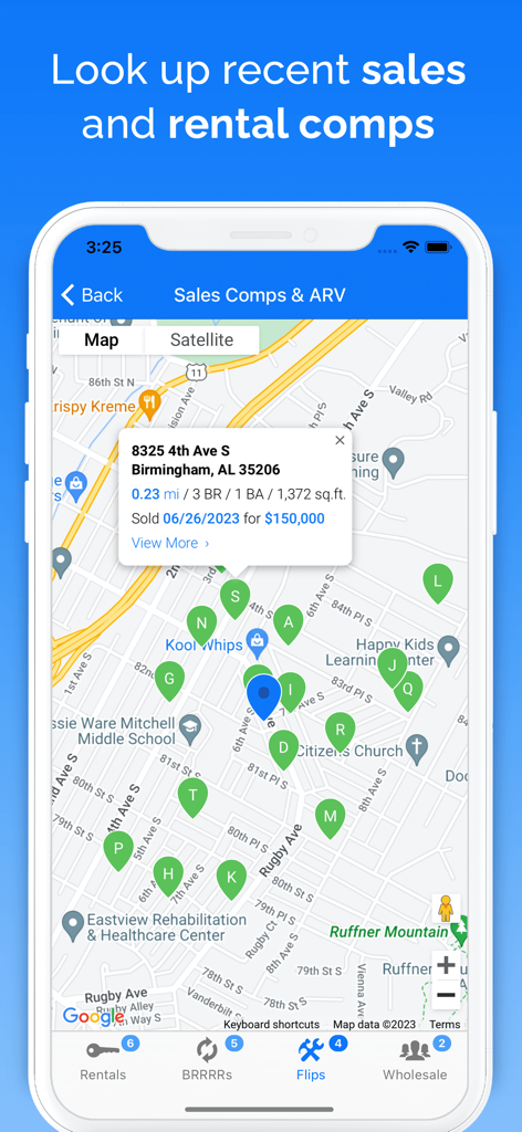 DealCheck: Analyze Real Estate - アラバマ州バーミンガムにおける最近の不動産売買および賃貸比較対象の地図を表示するDealCheckアプリのインターフェース