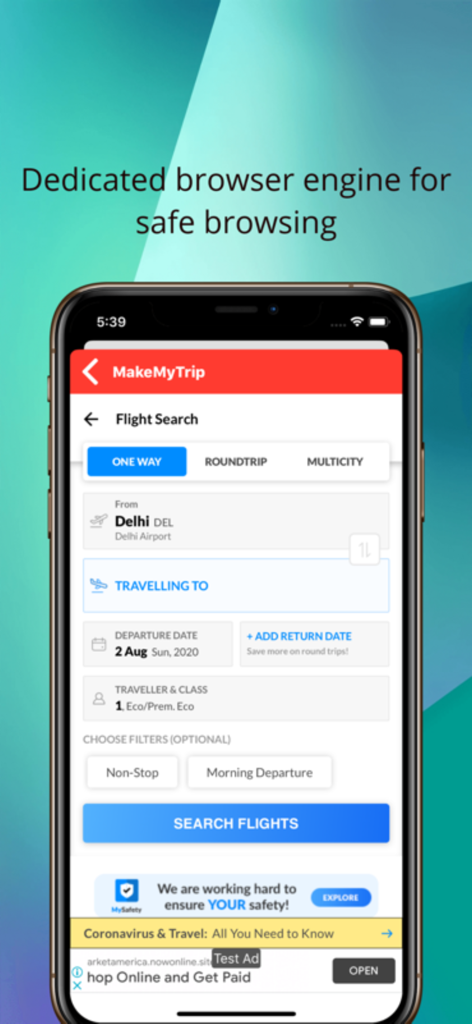 Online Ticket Booking Lite - MakeMyTripからのフライト検索画面を表示するオンラインチケット予約Liteアプリのインターフェース。デリーからの片道および往復チケットのオプションがあります。