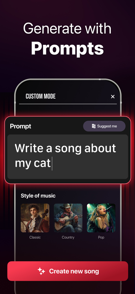 AI Song Generator－Music Maker - AI Song Generator app interface showing a text prompt to create a song about a cat with music style options like pop and country