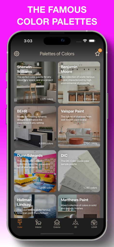 Master 3D Color. RAL PPG BEHR - Interface of a mobile app showing various paint brand palettes like Sherwin Williams, Benjamin Moore, and BEHR for home improvement projects.