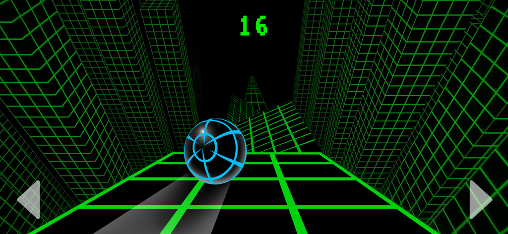 A blue neon ball rolling down a green grid slope in a dark techno environment