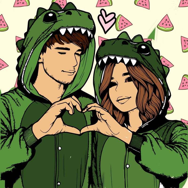 realistic couple wearing matching dinosaur onesies with heart hand gesture