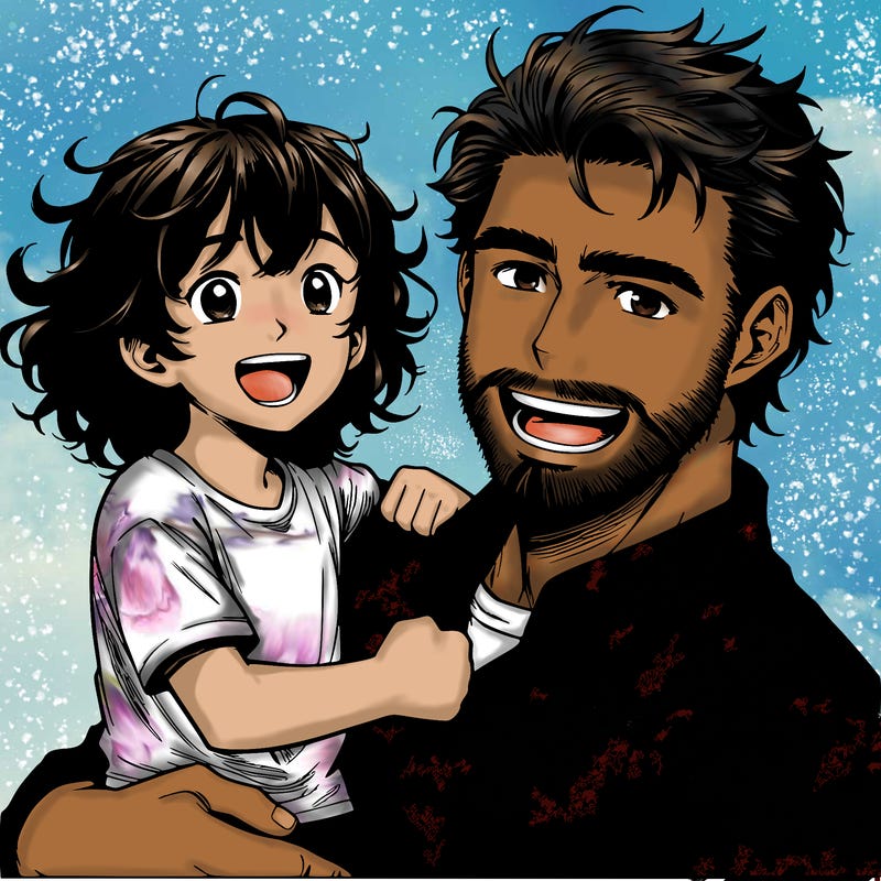 manga character male dad with a beard and curly short cut hair holding his 6 year old daughter with medium length hair being happy