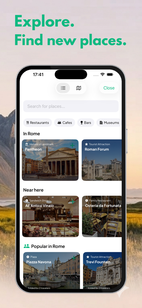Vaga Travel - Vaga Travel app interface for exploring landmarks and restaurants in Rome