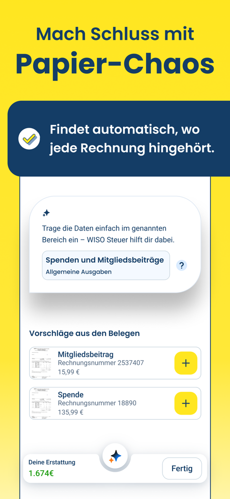 WISO Steuer - Steuererklärung - WISO Steuerアプリが税金の領収書を自動的に分類するモバイル画面