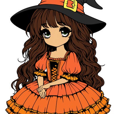realistic girl with witch hat and poofy dress