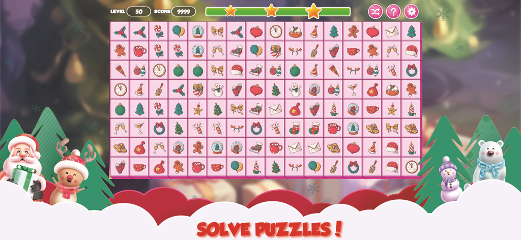 Christmas Connect: Xmas Games - Tablero de puzzle de combinaciones con iconos y personajes temáticos de Navidad como Papá Noel y un oso polar
