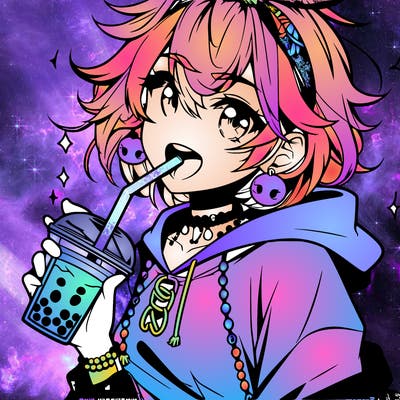 hot baddie anime girl drinking boba and biting the straw
