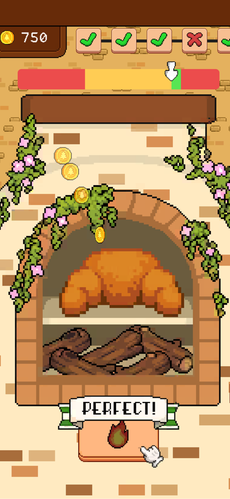 Forest Fables: Cozy pixel sim - A pixel art baking minigame featuring a croissant in a brick oven with a perfect score indicator