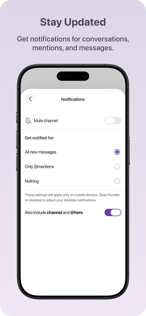 Tela do celular mostrando as configurações de notificação do aplicativo Pumble para mensagens e menções