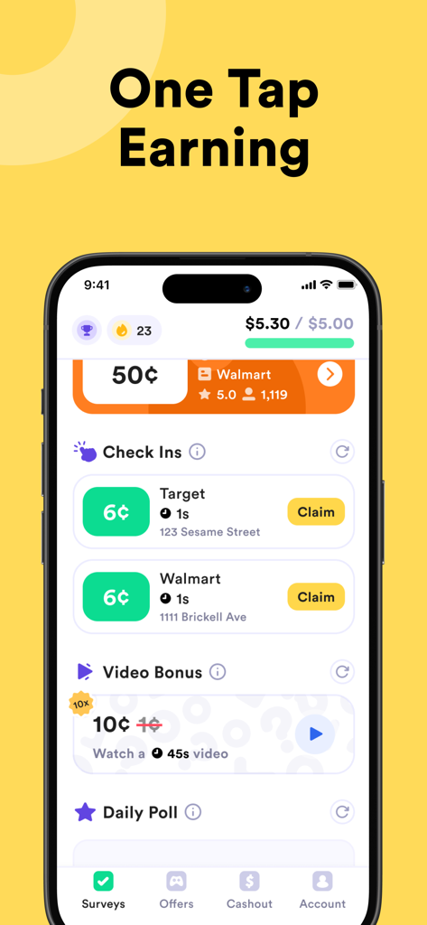 Eureka app screen showing easy earning options with store check-ins and video bonuses
