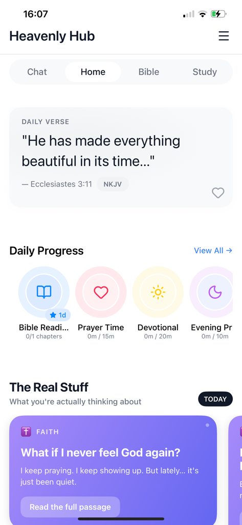 Heavenly Hub: AI Bible Chat - Heavenly Hub app home screen showing daily Bible verse and spiritual progress trackers