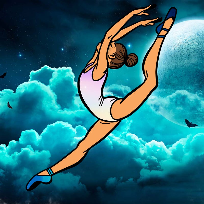 gymnast doing a leap in a leotard with a bent back leg