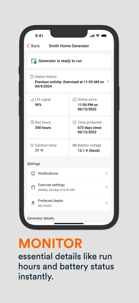 Panel de control de la aplicación Mobile Link mostrando el estado del generador de respaldo, incluyendo horas de funcionamiento y voltaje de la batería en un iPhone.