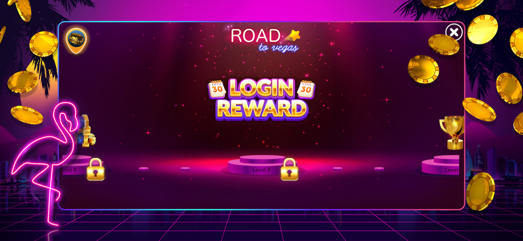 7REELZ - Écran de récompense de connexion pour l'application de casino social 7REELZ avec un flamant rose néon et des pièces d'or sur fond à thème Vegas